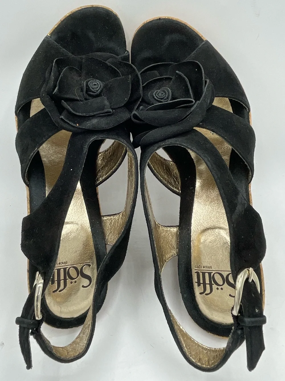 Sofft Black Suede Cork Wedge Sandals with Floral Rosette Accent.